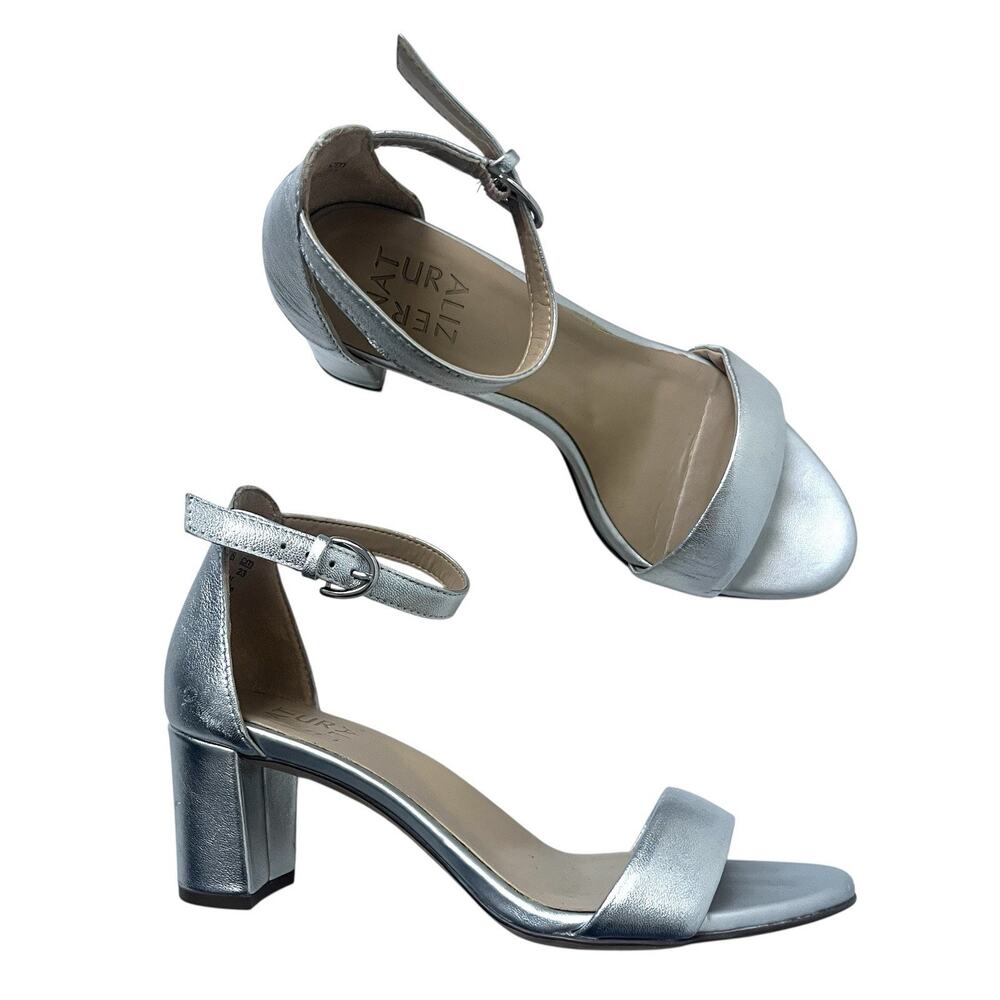 Naturalizer Vera Silver Leather Block Heel Sandals Sz 6 Gala Wedding Guest Comfy